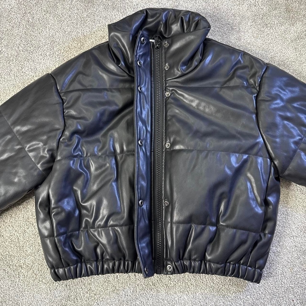 LE Lis Collection Black Faux Leather Puffer Jacket Small Quilted Coat - Picture 3 of 8